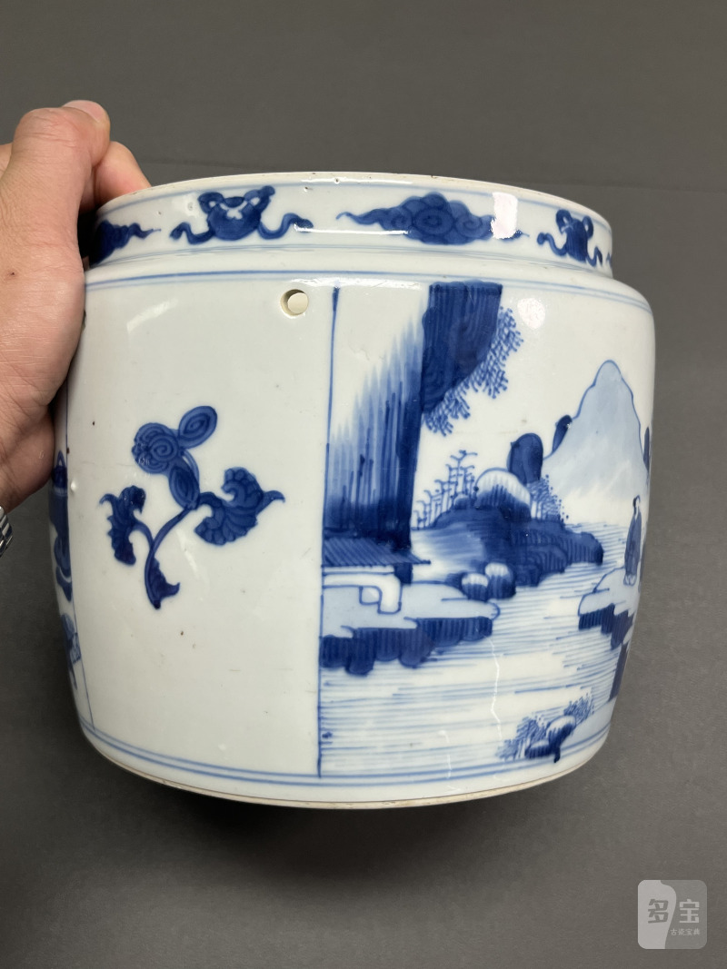 清康熙 青花山水人物图粥罐 - 图12